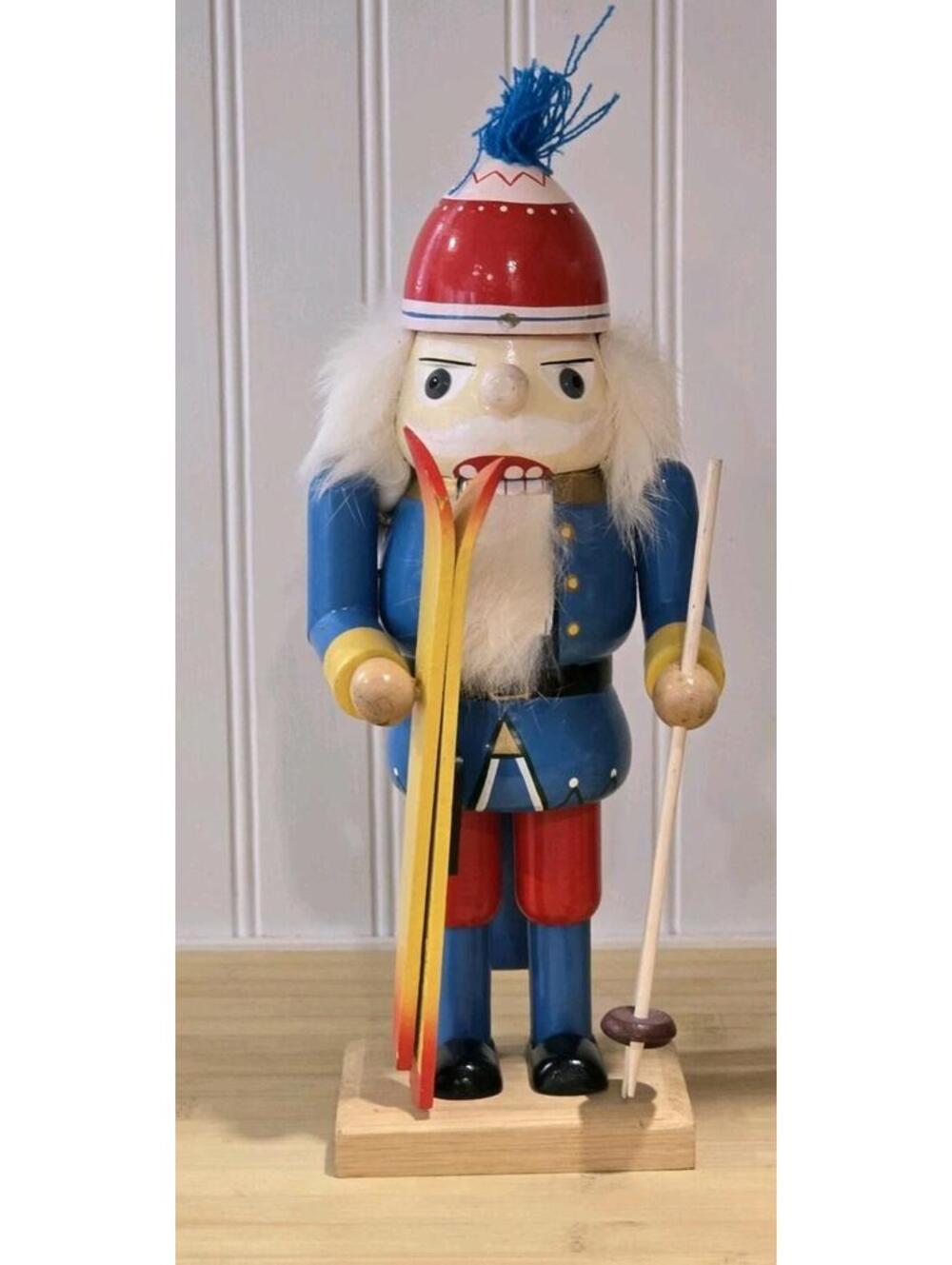 Vtg Wooden Skiing Nutcracker Rabbit Fur Hair & Beard 11.5" Christmas